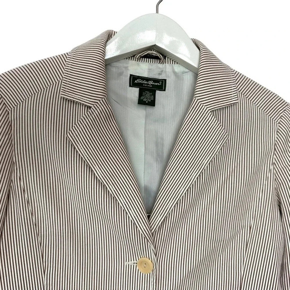 Eddie Bauer stretch tan + white pinstriped skirt & blazer suit Preppy Womens 8 - Picture 6 of 9